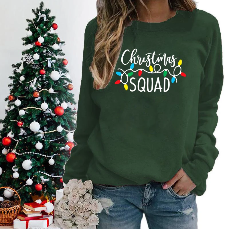 Lampu Natal cetakan pasukan Natal Crew Neck Sweatshirt motif mode kaus kasual natal wanita hadiah Natal