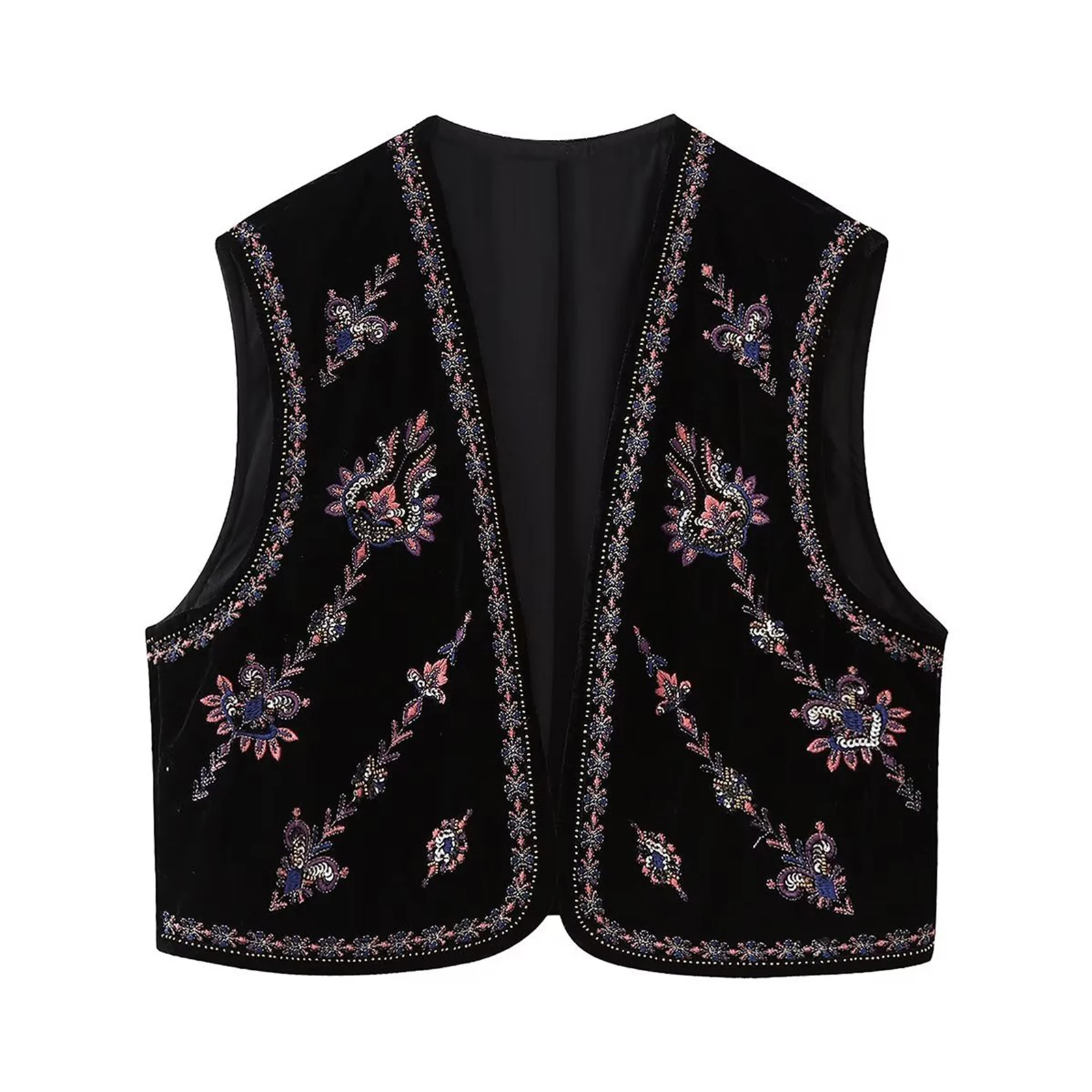 Women’s Embroidered Vest Tops Classic Sleeveless Open Front Cardigan Velvet Vest Fall Outwear