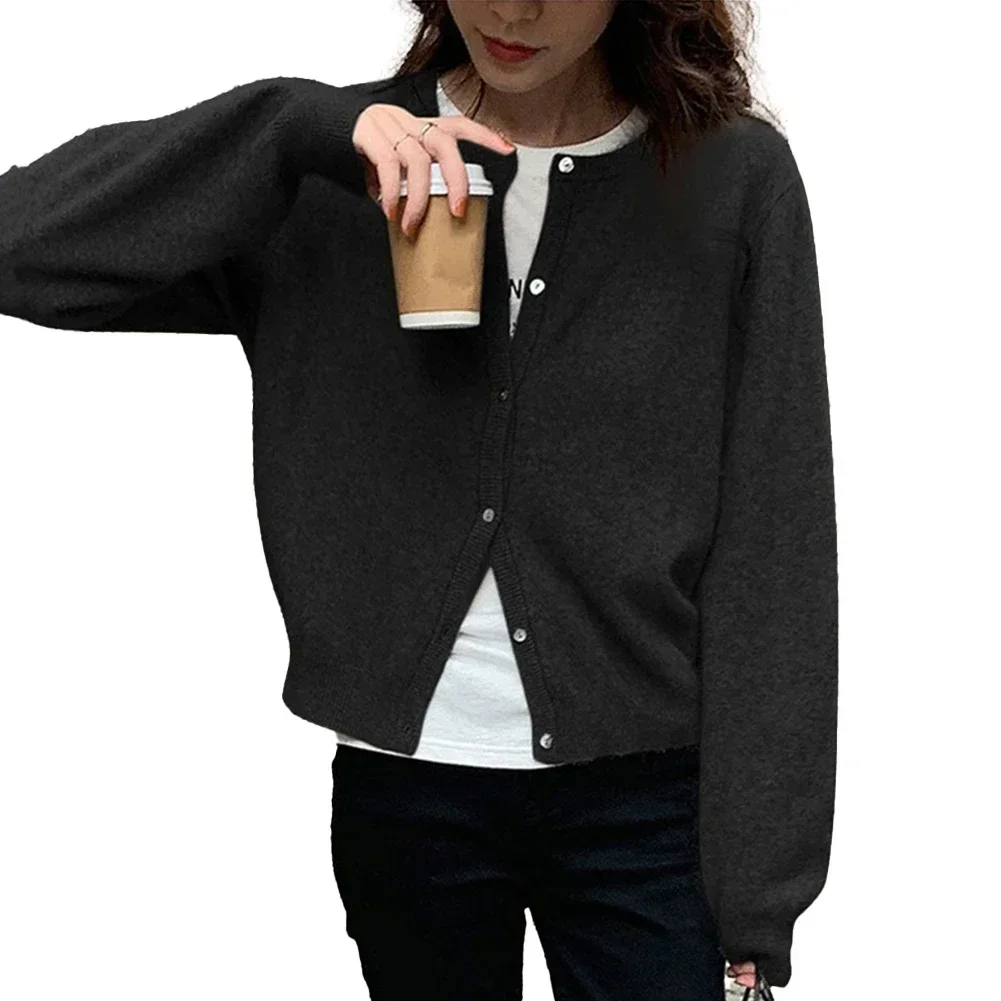 New Women's Round Neck Solid Colour Versatile Loose Casual Cardigan