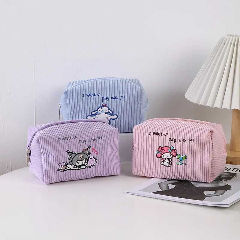 3pcs Ladies Japanese Cute Cartoon Melody Kuromi velluto a coste borsa per il trucco della ragazza di grande capacità