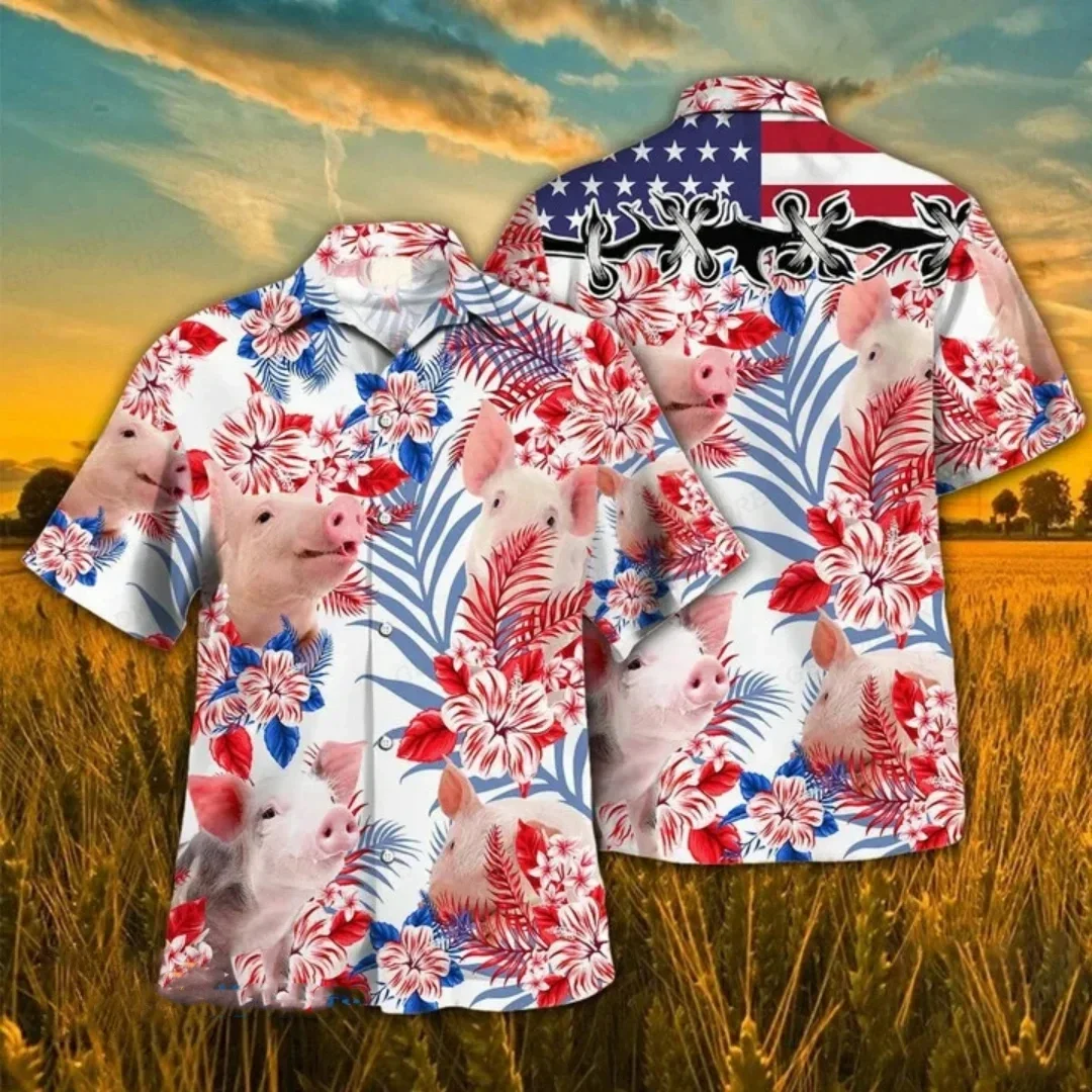 

Tropic Plants&Flower Hawaiian Shirts Men Fashion Casual Funny Pig Print Hawaii Shirt Blouse Turn Over Collar Lapel Camisa Animal