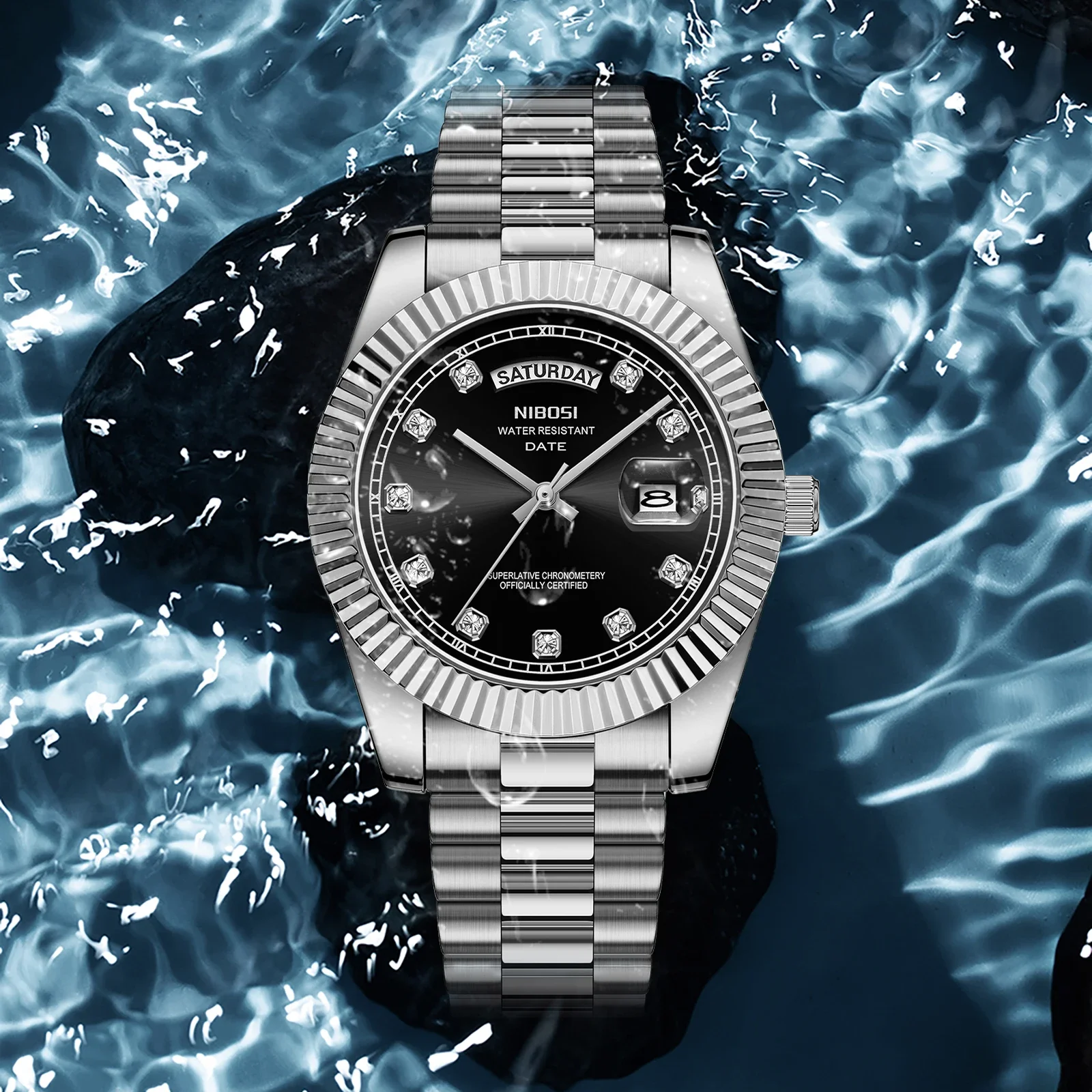 NIBOSI Fashion Brand Luxury Watches For Men Stainless Steel Waterproof Luminous Band Diamond  Watch Casual Sports Date Watch Men