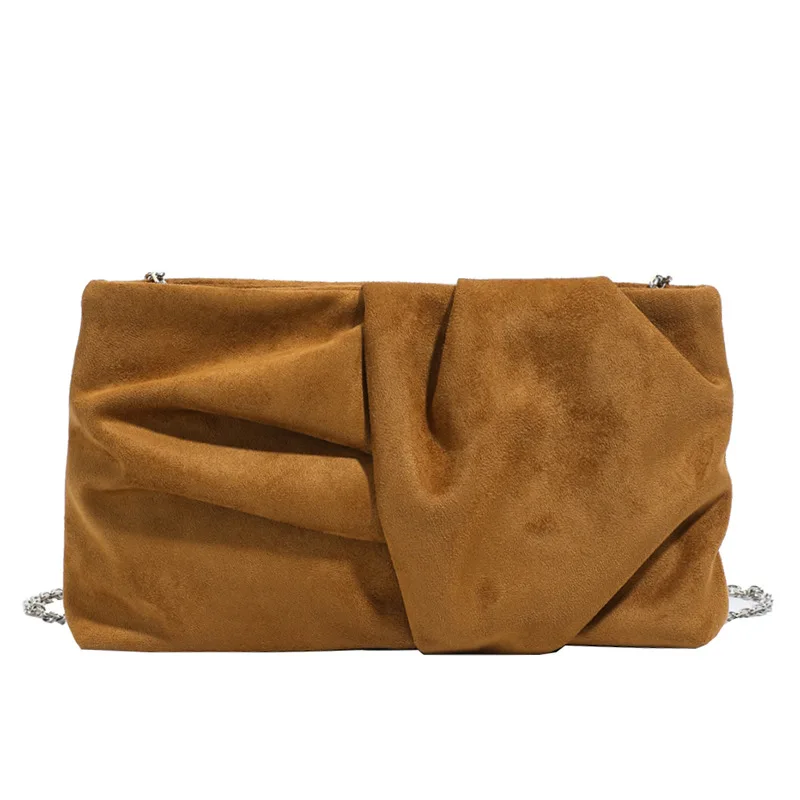 Women's Brown Handbag Suede Clutch Autumn Winter Retro Fashion Pleated Bow Pleated Bag Western Style Chain Crossbody Bag