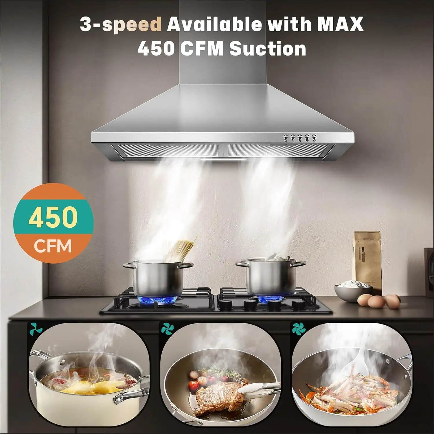 24 inch Wall Mount Stainless Ducted/Ductless Exhaust Kitchen Oven Stove Vent with 3-Speed Fan Range Hood