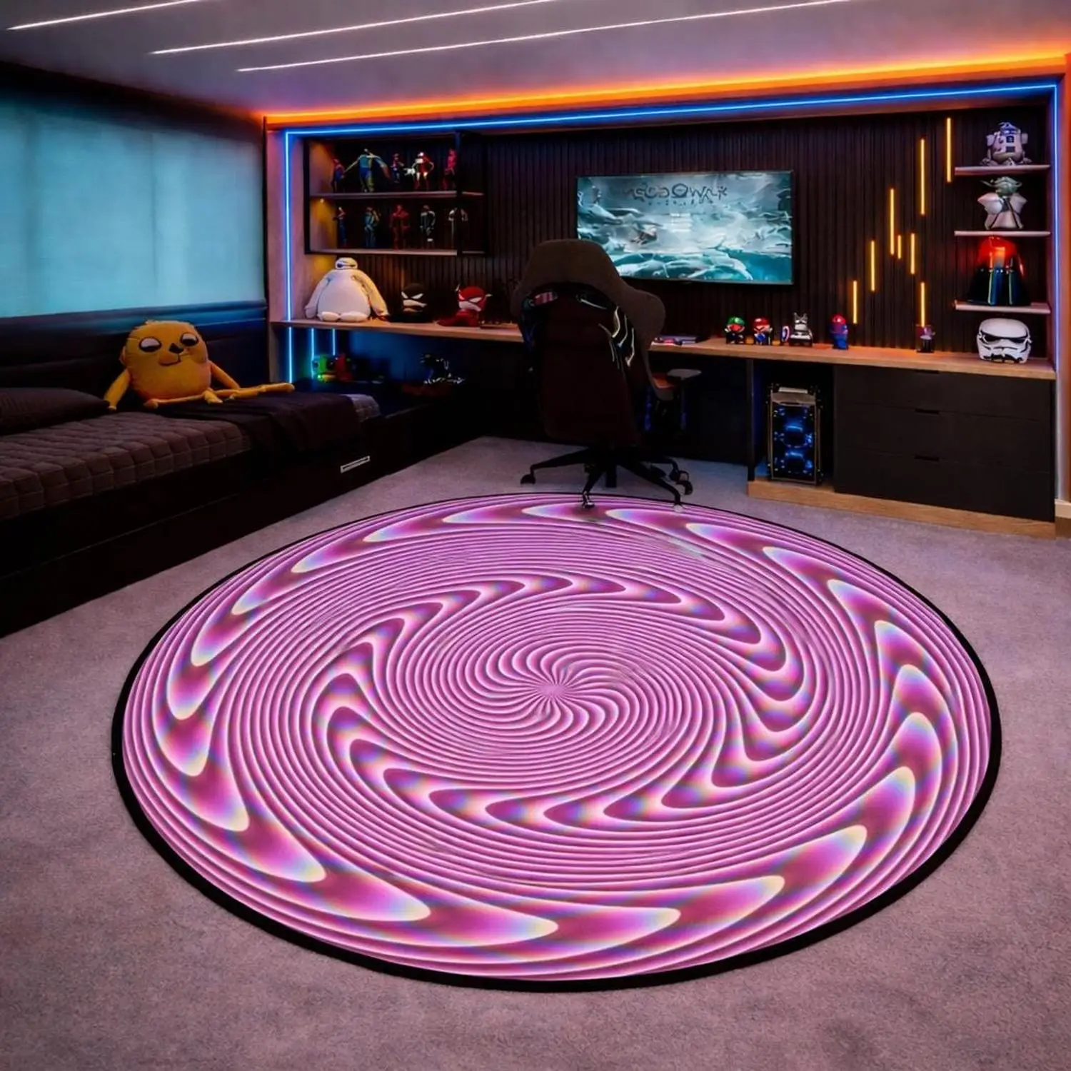【Room Decor Carpet】Pink Optical Illusion Round Carpet, Psychedelic Spiral Pattern Carpet, Hypnotic Psychedelic Carpet, Modern Game Room Decoration, Washable Non-Slip Round Carpet
