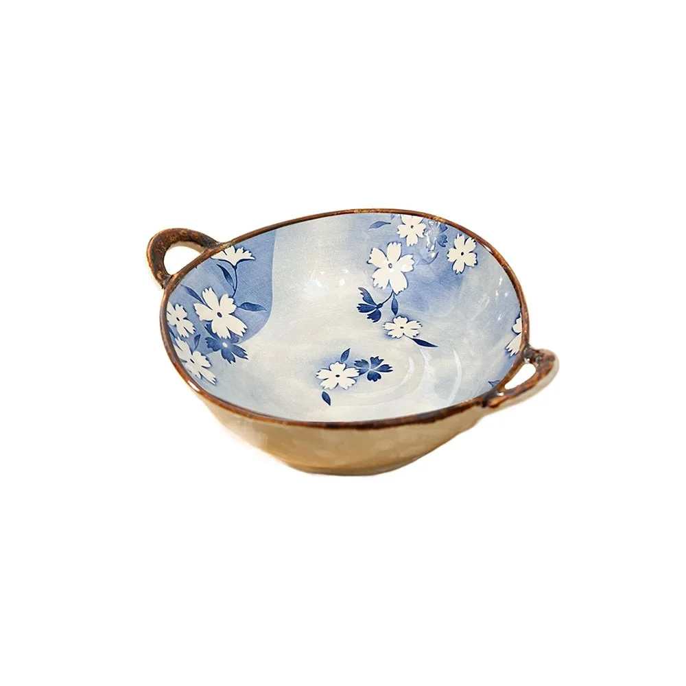 

Multifunctional 7.5inch Japanese Noodle Bowl 700ml Binaural Handle Soup Bowl Retro Underglaze Color Salad Bowl Microwave