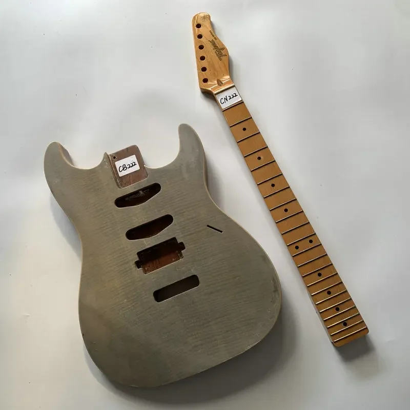 CN222CB222 DIY Guitar Kits Tiger Flamed Maple Body SSH Pickups 22 Frets Maple Neck One Set for DIY Replace with Damages