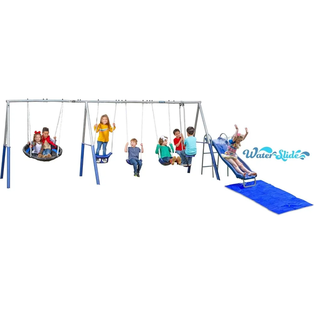 

"Fun Forever Plus 6-Foot Water Slide and Ground Tarp - 8-User 6-Station Metal Swing Set for Backyard Play. 192 Inches Long x 104