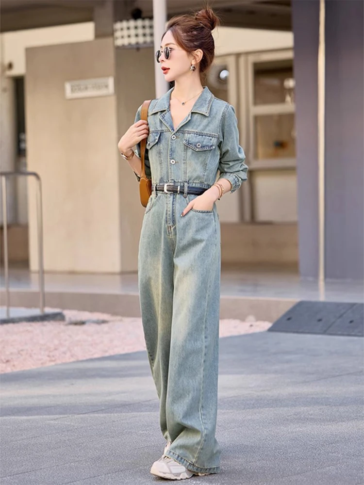 Tuta di jeans semplice alla moda in stile americano autunno donna manica lunga monopetto dritto generale streetwear femminile