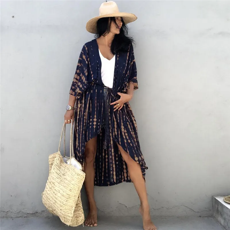 Beach Cover Up Women Tie Dye Print Kimono Cardigan Self Belt Wrap Dress Summer Holiday Kaftan Beach Dress Tunic Sarong Beachwear