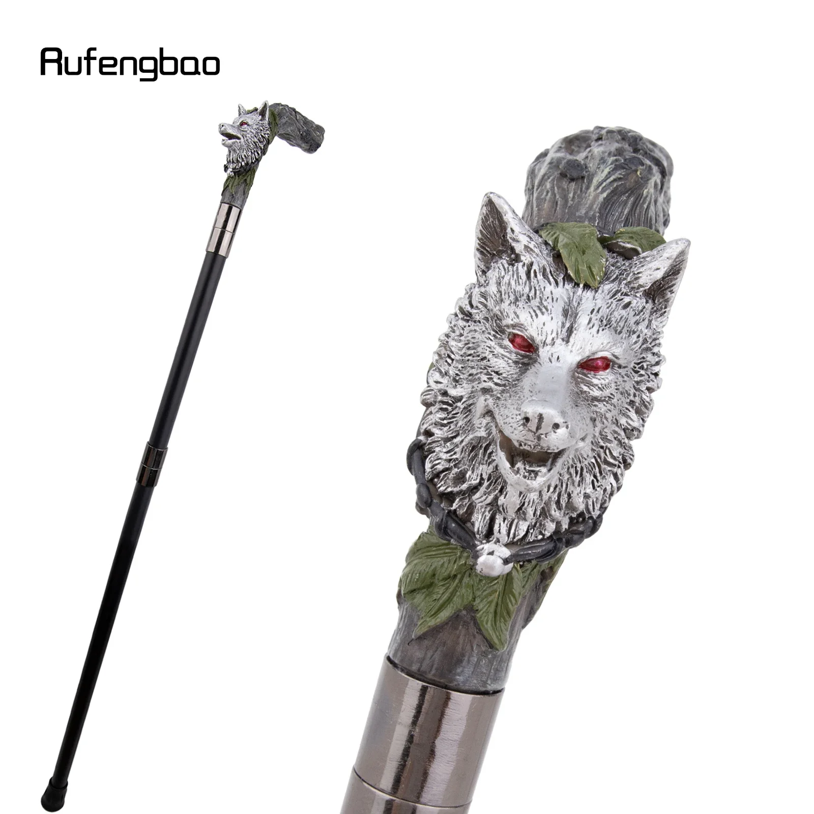 Silver Resin Wolf Head Tree Root Walking Cane Stick for Cosplay Everyday Use with Deluxe Box 93cm Performance Stage Cane