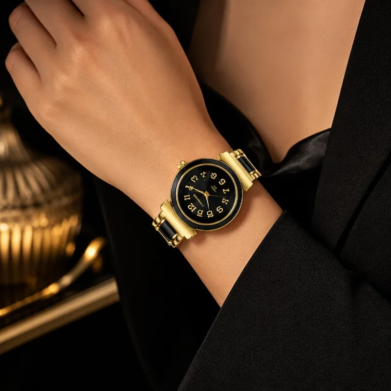Women Elegant Two Tone Bangle Watches Round Large Number Dial Quartz Analog Wrist Watch Luxury Dress Ladies Watch Montre Femme