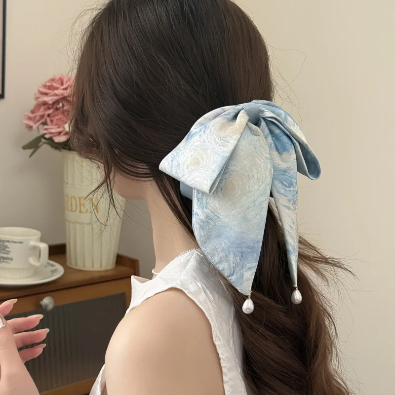 

White Deer Starry -Dye Square Scarf Tie Pastoral Style Clip Ponytail Flower French Gradient Hair Rope