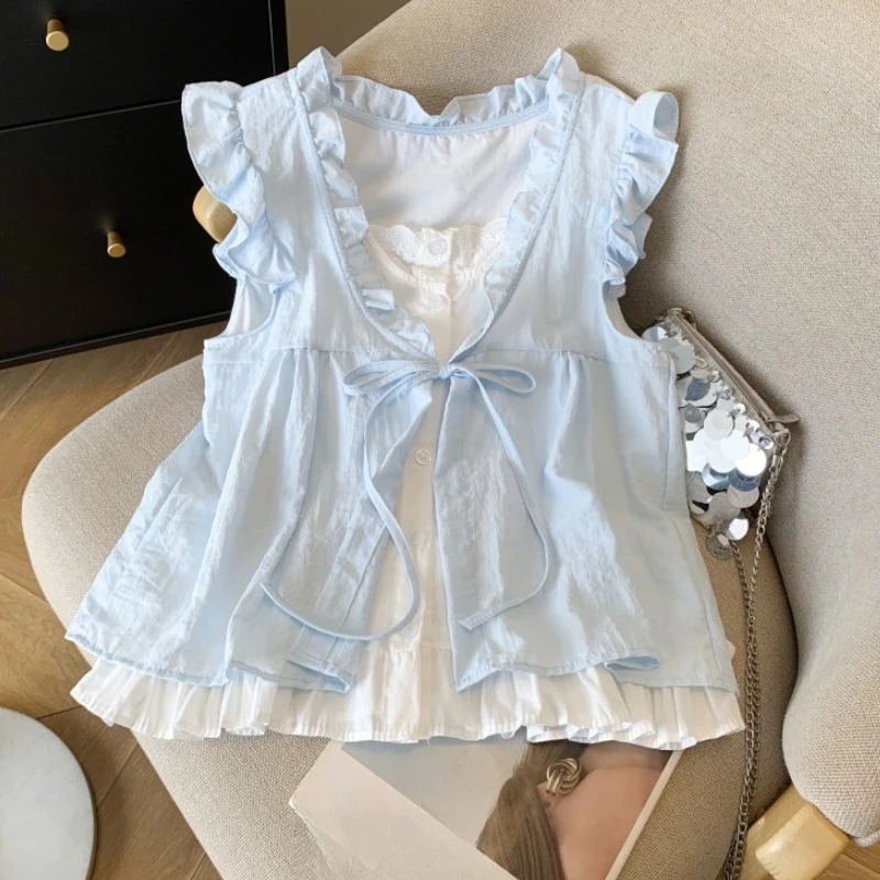 

Seoulish, летние женские блузки из 2 предметов с оборками, новинка 2025, кружевные лоскутные короткие рубашки без рукавов, женские топы на бретелях