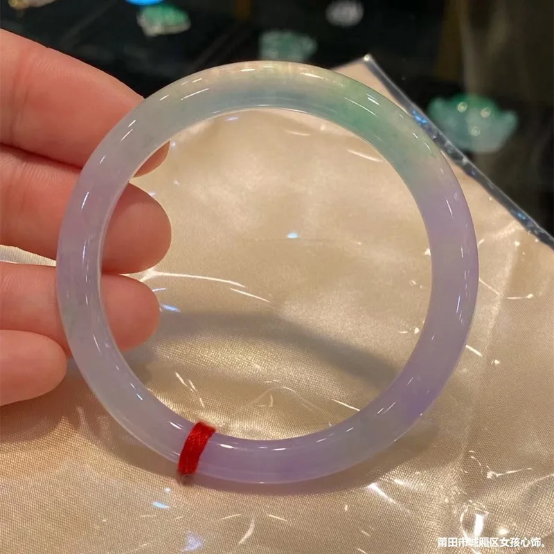 Natural Burmese Jadeite Bracelet for Women, Ice Type with Flower Patterns, Spring-Colored Purple Stripes, Thin Round Dingdang Br