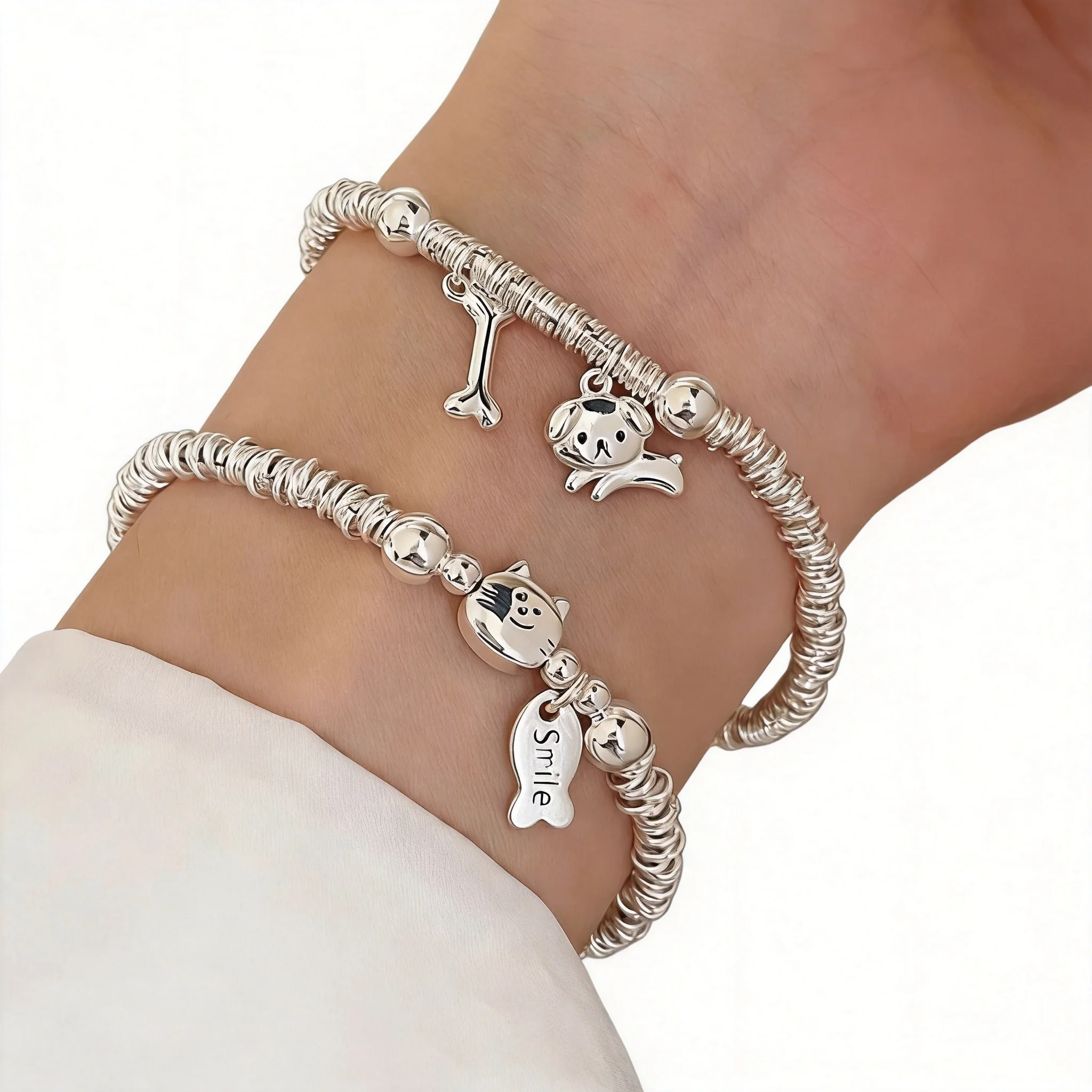 Chinese Style Lucky Good Fortune Blessing Unique Design Silver Plated Irregular Broken Silver Bead Bracelet Cute Cat Dog Pendant