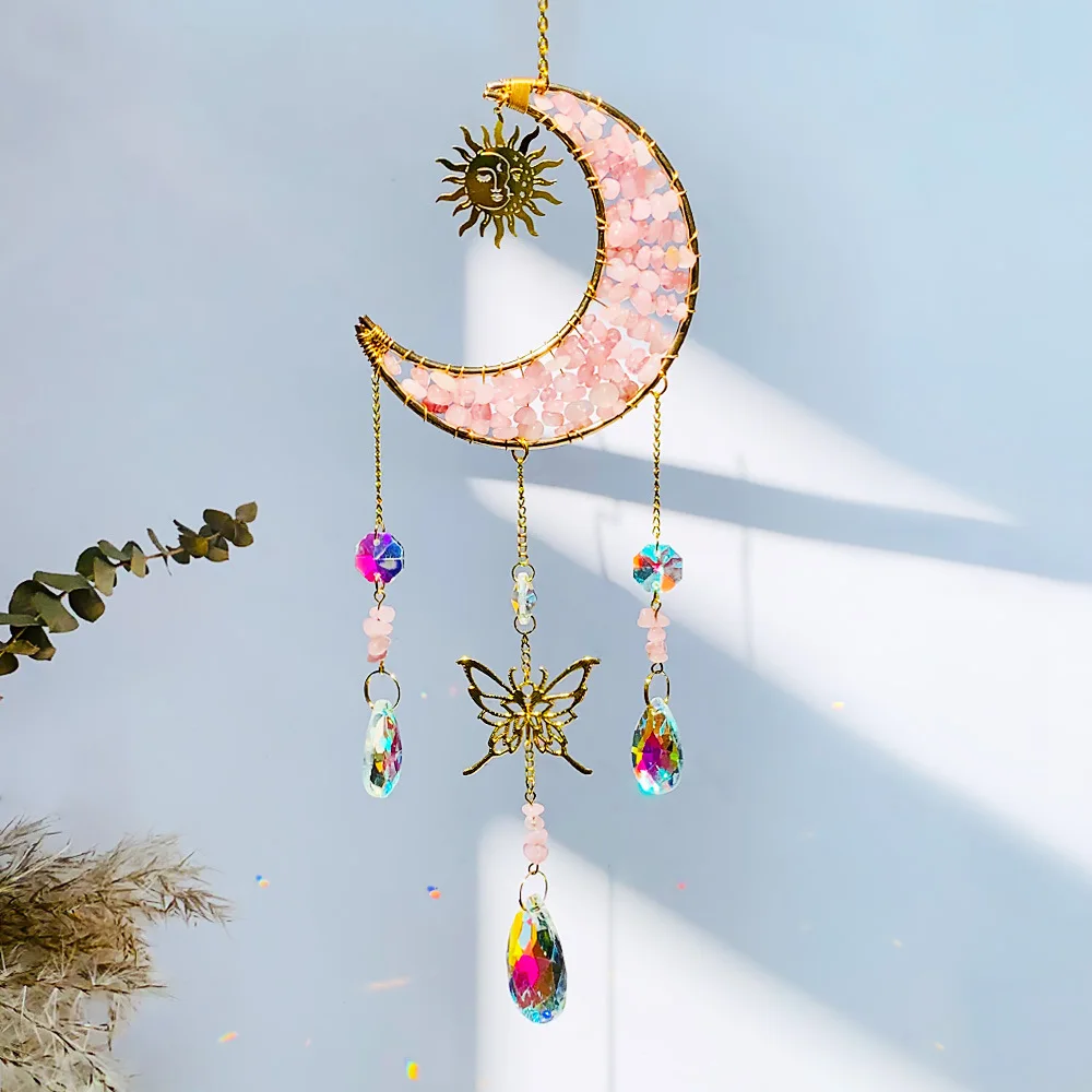 Custom Rose Quartz Chip Stone Sun Moon Butterfly Crescent Moon Sun Catcher - Glass Pendants Hanging Ornament for Window Decor