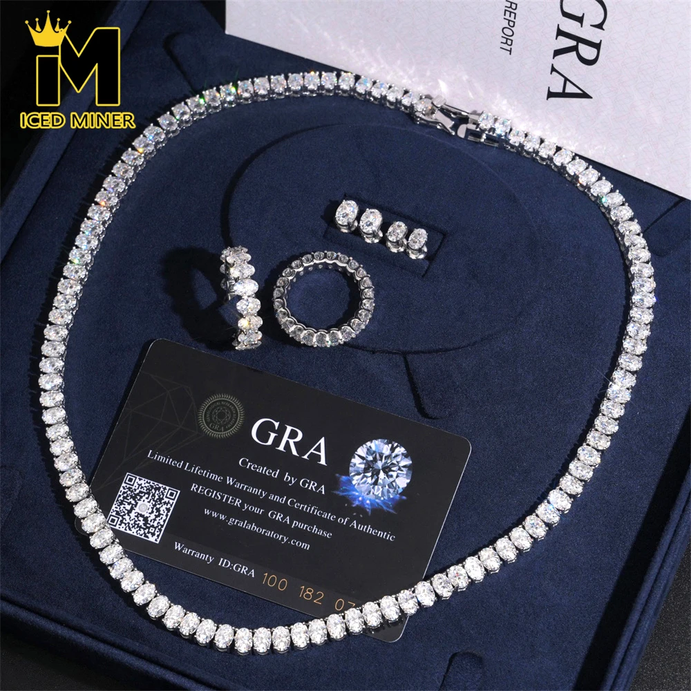 

Icedminer 5x7mm Egg Moissanite Diamonds Tennis Chain Link Iced Out Necklaces For Men Women S925 Silver Choker Pass Tester GRA