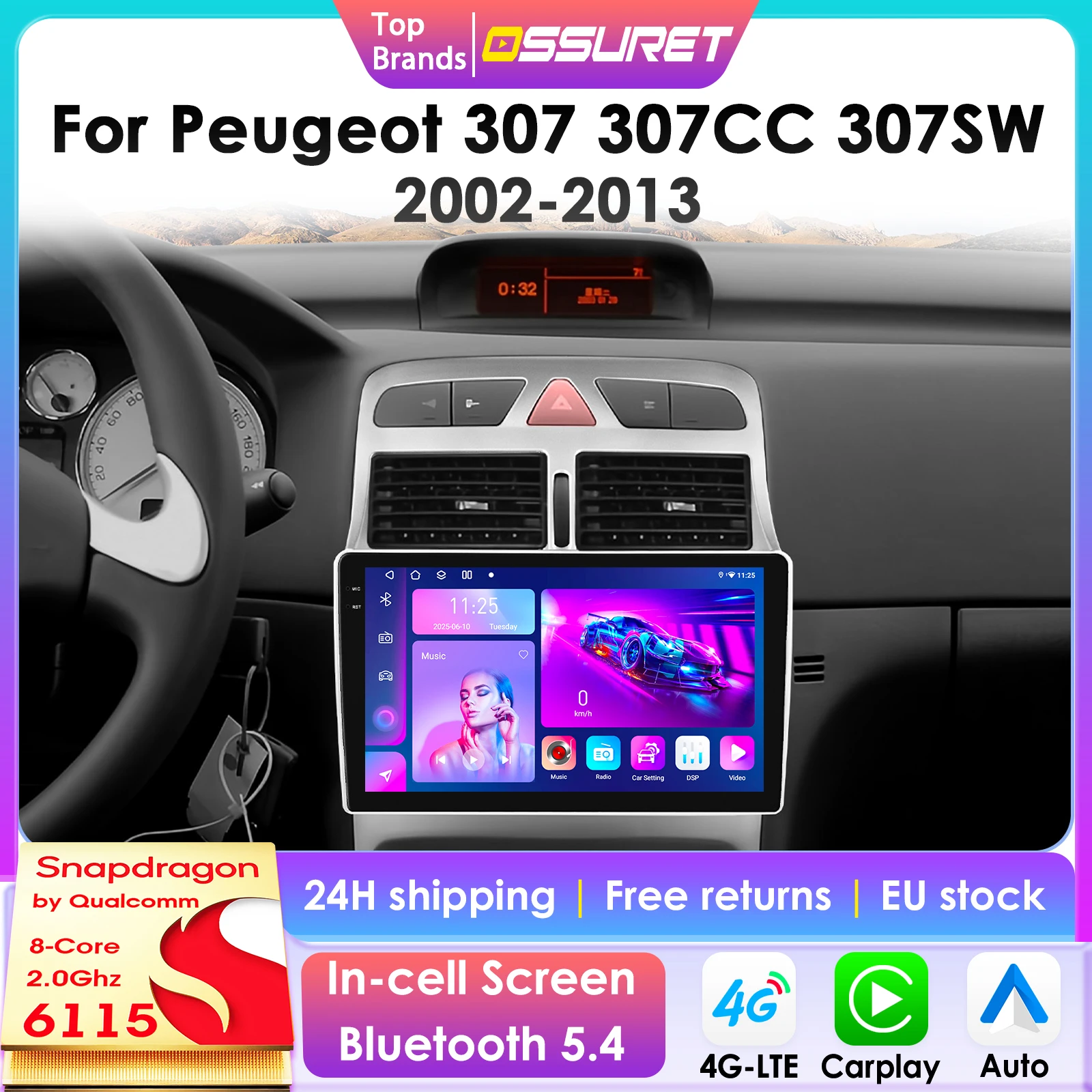 2Din Carplay Android Auto Multimedia-Player Für Peugeot 307 SW 307CC 307 SW 2002-2013 GPS 4G autoradio RDS 4G-LET WIFI SWC BT 6115