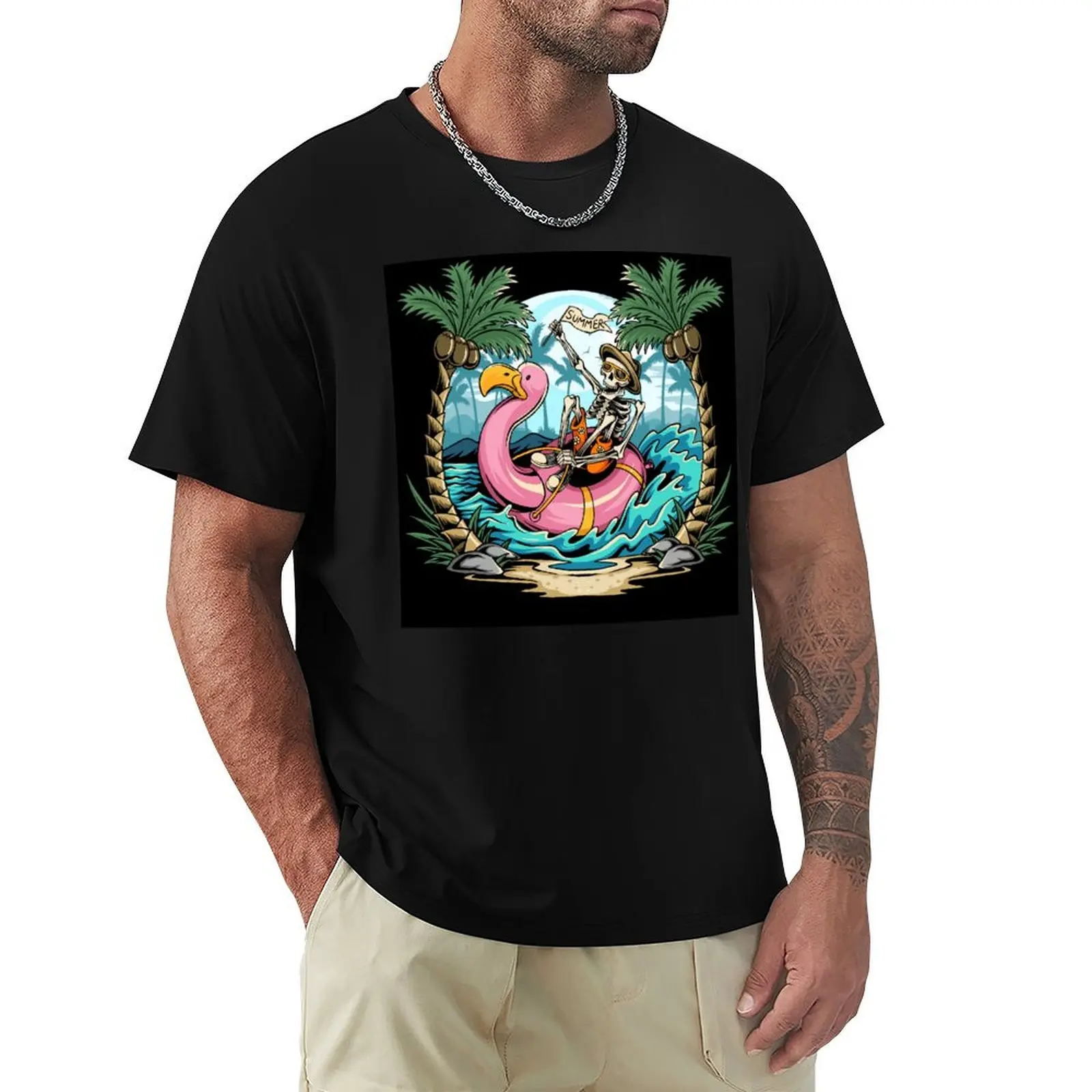 Skulls Flamingos Floats Beach During Summer Parties Filled with Coconut Trees T-shirt summer tops funnys t shirt men