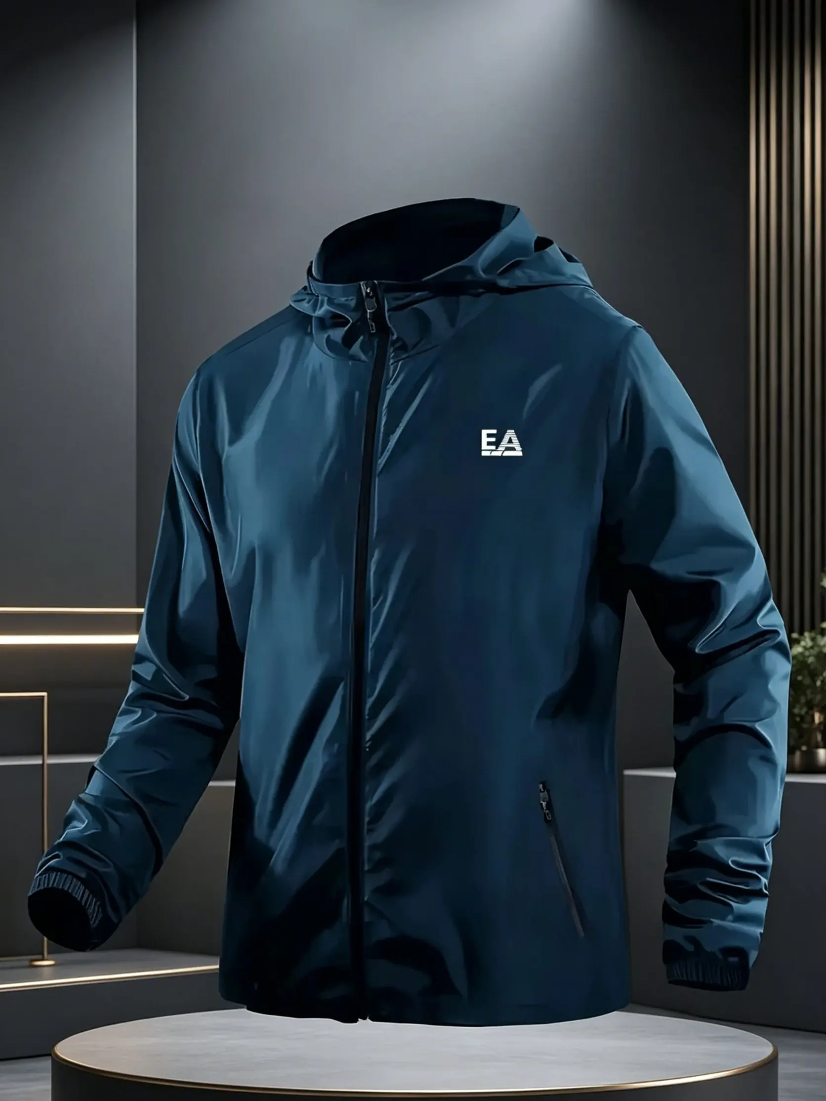 Men's EA Letter Logo Hooded Windbreaker Jacket Lightweight Waterproof Casual Outdoor Zip-Up Coat image 5