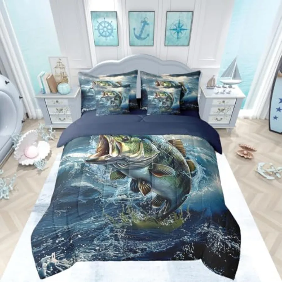 

Pike Fish Comforter Set with Sheets 7 Pcs Bass Big Fish Bedding Set Ocean Fishing and Hunting Bed in a Bag