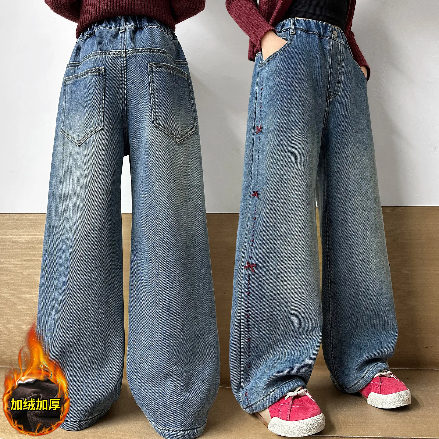 

Детские зимние утепленные джинсы с боковой вышивкой и бантом для детей, свободные прямые теплые джинсовые брюки, брюки для девочек, Новое поступление