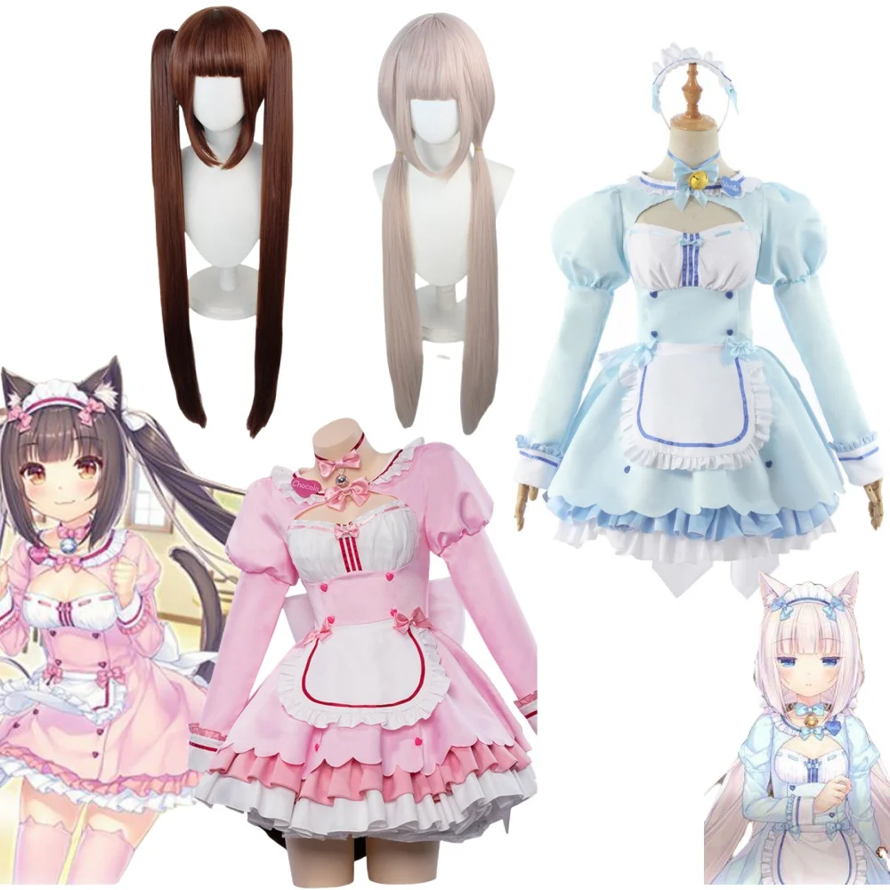 Chocola Nekopara Cosplay Game Costume Clothes Wig Vanilla Suit Cat Girl Maid Costume Lolita Women Skirt Lovable Pink Blue Color