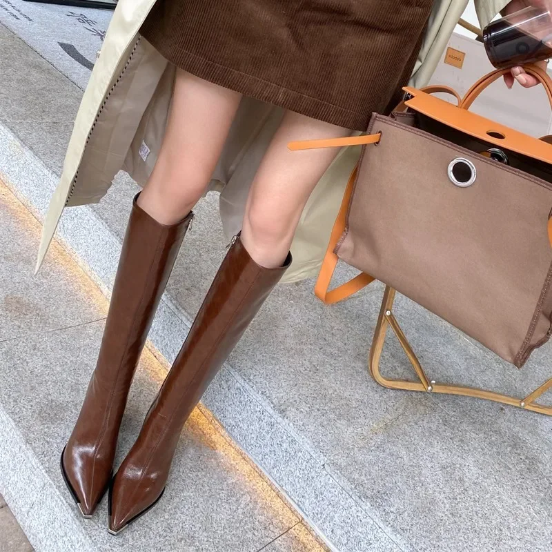 2023 Spring and Autumn New Leather Boots Women's Long tube Boots Pointed Thick Heels Knight  High tube