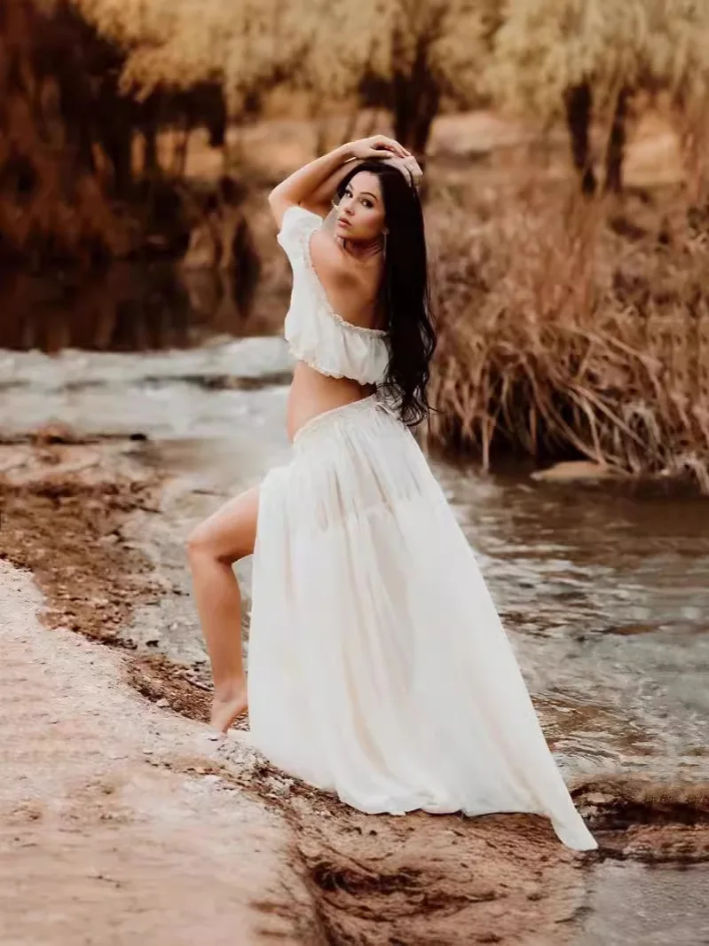 Maternity Long Dress Set Pearl Chiffon Photography White One-Shoulder Maternity Gown For Expectant Mothers Photo Shoots