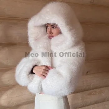 Neo Mint Winter 2025 Pure White Mountain Fashion Hooded Cropped Faux Fur Coat Women Fluffy Eco Fox Fur Jacket Girls Hot Overcoat 6