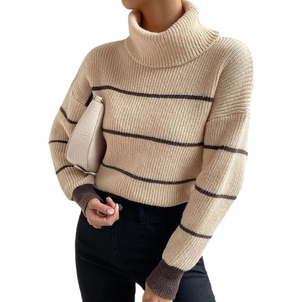 

Women Casual High Collar Stripe Knitted Sweater Pullover Autumn Winter Top