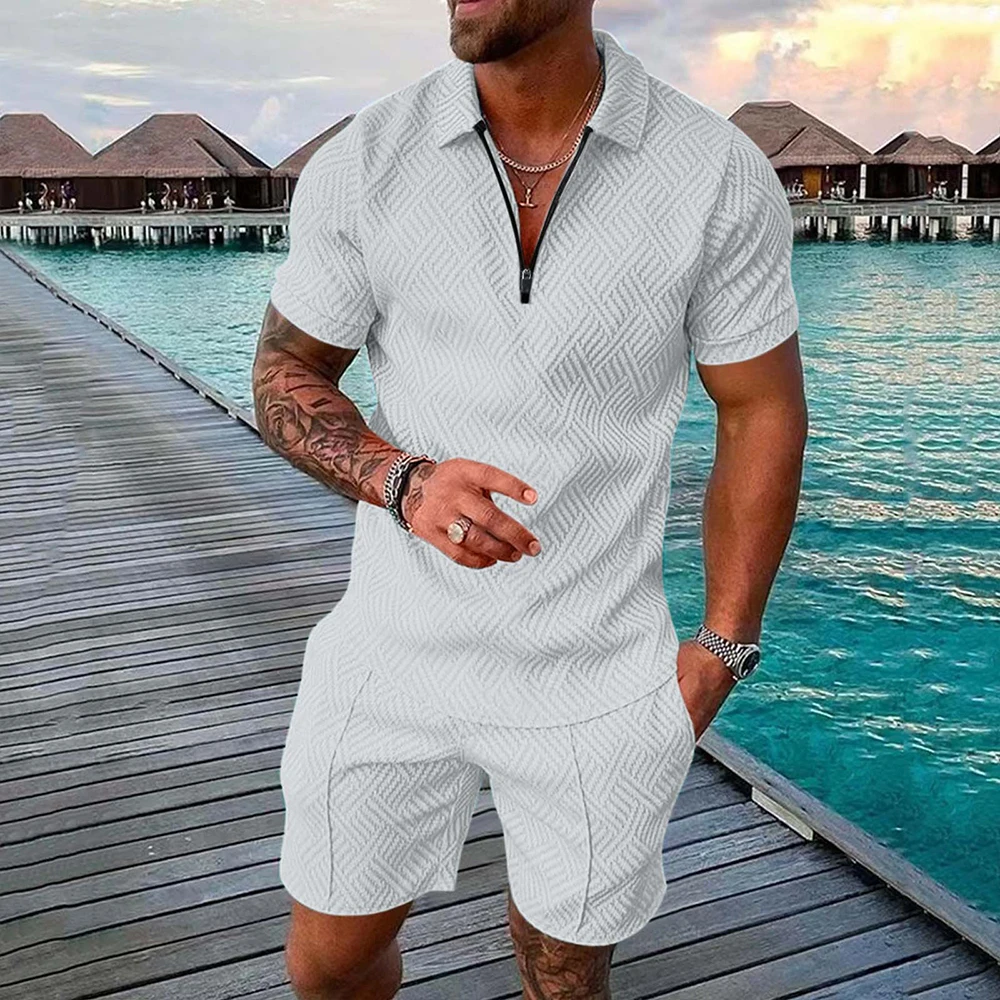 Men\'s Athletic T-Shirt Set Casual Mesh Lapel Short Sleeve Pullover Tops+Shorts 2-Piece Solid Thin Sporty Suits Black 2pcs Sets