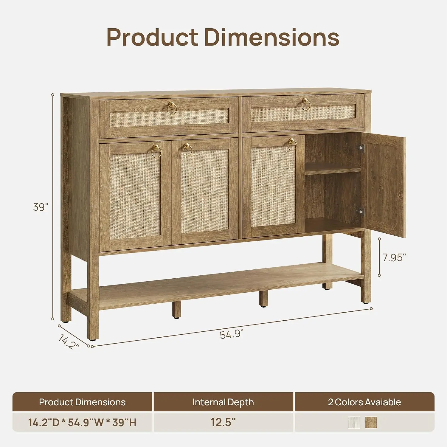 Rattan Sideboard Buffet Cabinet with 2 Drawers & 4 Doors, Customized