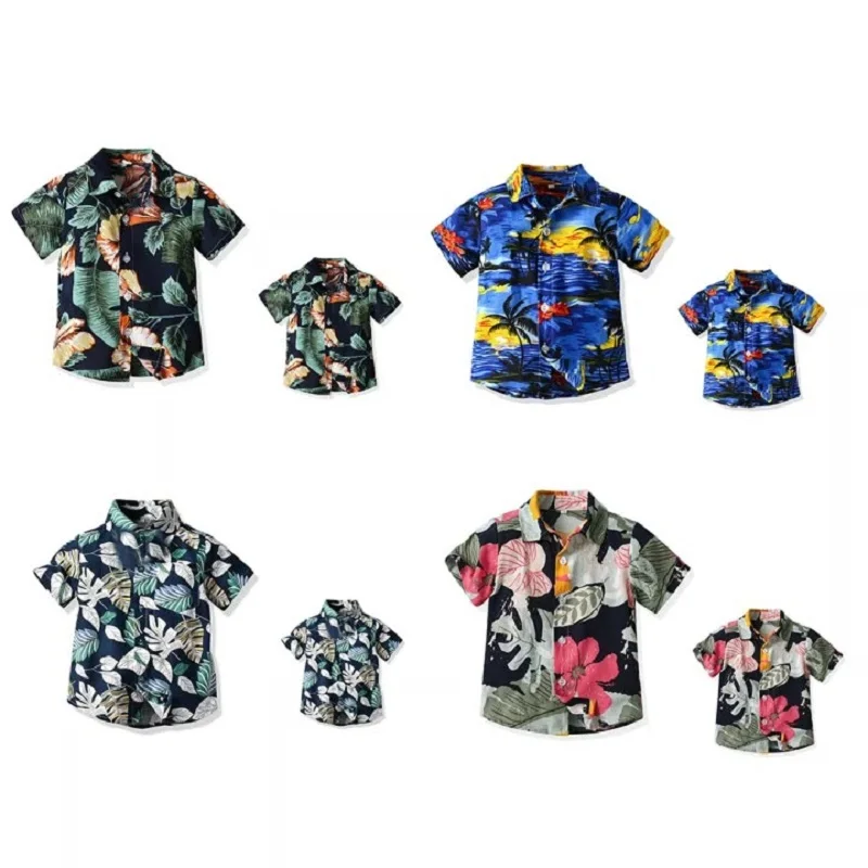 

Summer Parent-child Outfit Hawaiian Vacation Style T-shirt with Collar and Short Sleeved Printed Family Outfit Casual Thin Shirt