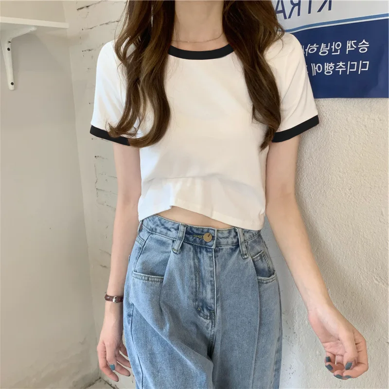 2024 Patchwork Kpop T-shirt Women Korean Fashion Slim Cropped Tops Woman Sexy Vintage Y2K Tee Shirt Striped Japanese Clothes