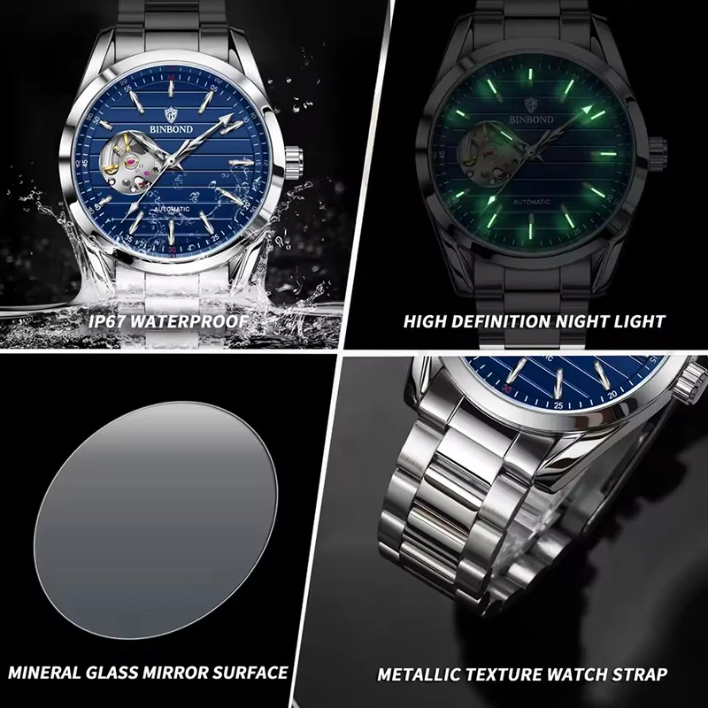 BINBOND Fashion High End Automatic Movement Men's Mechanical Watch Hollow Men's Watch Waterproof Business Watch Watches for Man view 4