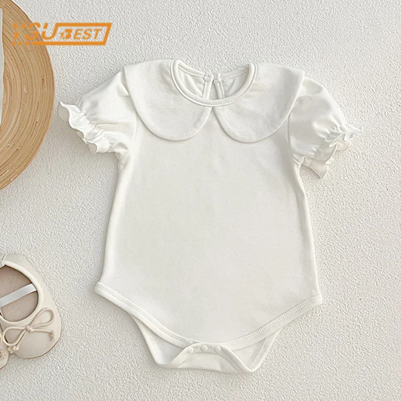 Summer Newborn Kids Baby Girls Doll Collar Solid Color Rompers Infant Baby Girls Short Sleeve Rompers Clothes