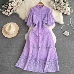 JAMERARY Elegant Summer Lace Dress Women Crochet Flower Hollow Out French Purple Short Sleeve Party Midi Prom Evening Dresses