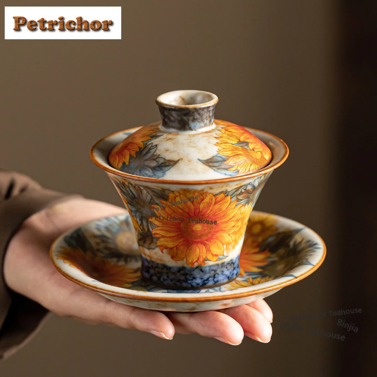 115ml Ru Kiln Caramel Glaze Horseshoe Lid Bowl Luxury Tea Tureen Tea Bowl With Lid Tea Brewing Three-talent Cover Bowl Crafts