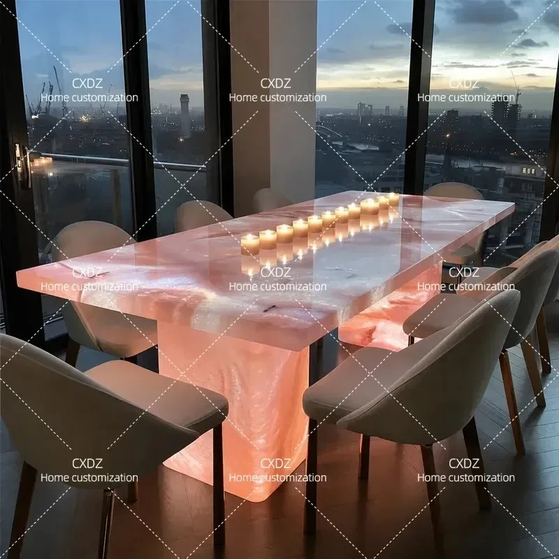 Natural Pink Jade Dining Table Rectangular Luxury Stone Island White Marble High End Light Luxury Modern Kitchen Furniture