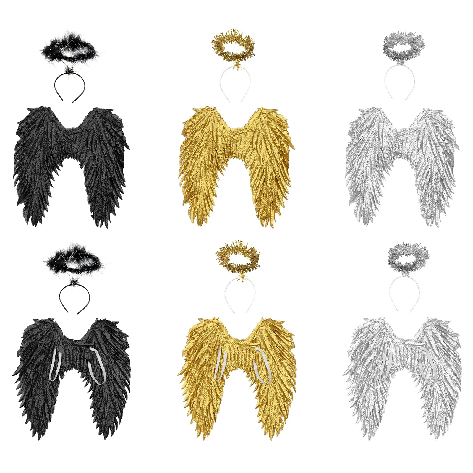 1Pc Unisex Womens Mens Angel Wings Elastic Straps Feather Wings+Headband for Halloween Cosplay Party Performance Accessory Props