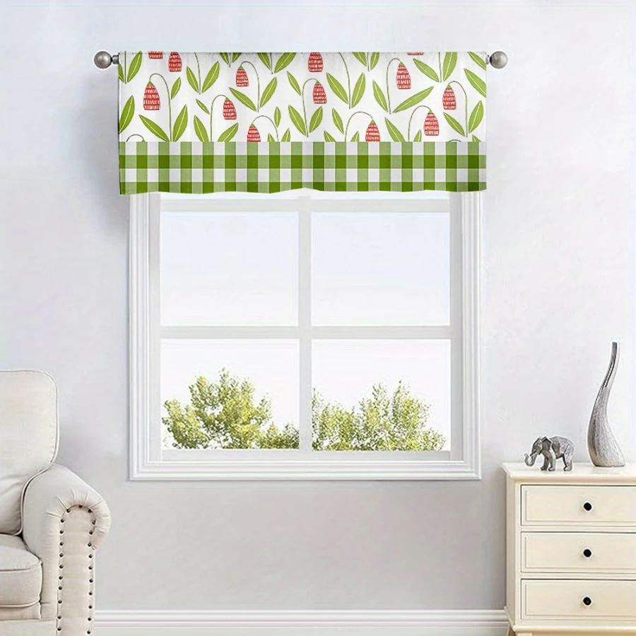 Simple Lily of the Valley Red Flower Green Plaid Border Kitchen Curtain, Rod Pocket Tiers for Rustic Kitchen Home Decor