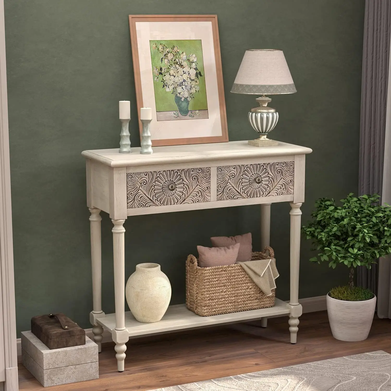 

Console Table with 2 Drawers, MDF Narrow Entryway Table with Storage Shelf, Wood Accent Sofa Table , Light Grey