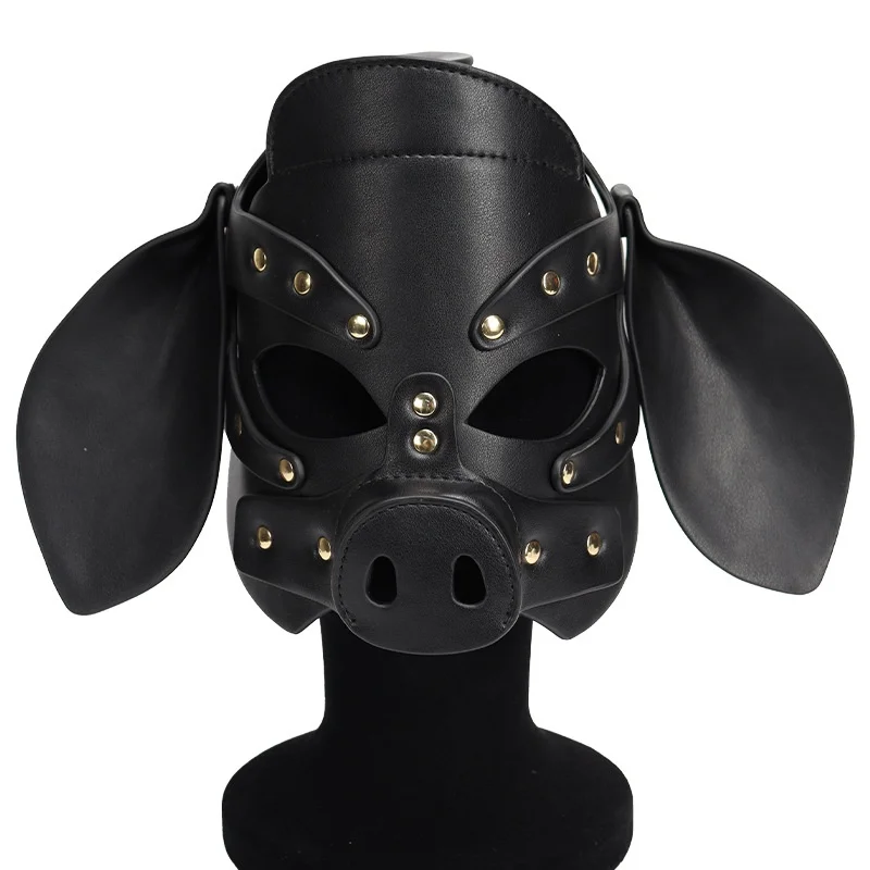 PU Leather Cute Pig Cosplay Full Face Mask Sexy Adult Party Men Headgear Role Play Fetish Animal Masks Metal Rivet Head Cover