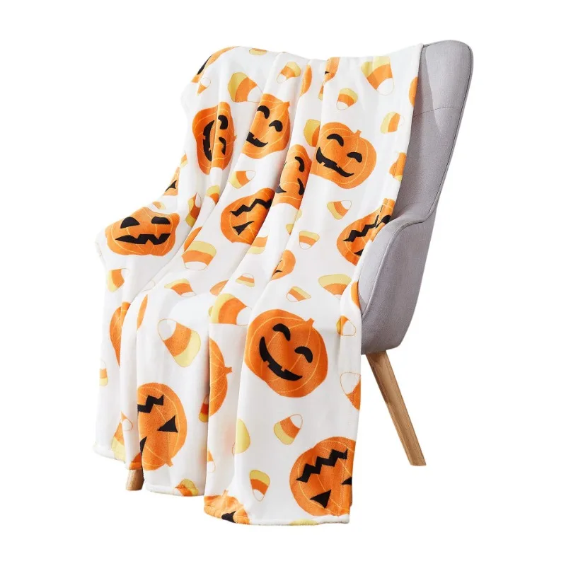 Halloween Throw Blanket Lantern Pumpkins with For Sofa Bed Couch Chair or Dorm Super Soft Lightweight King Queen Size Candy Corn