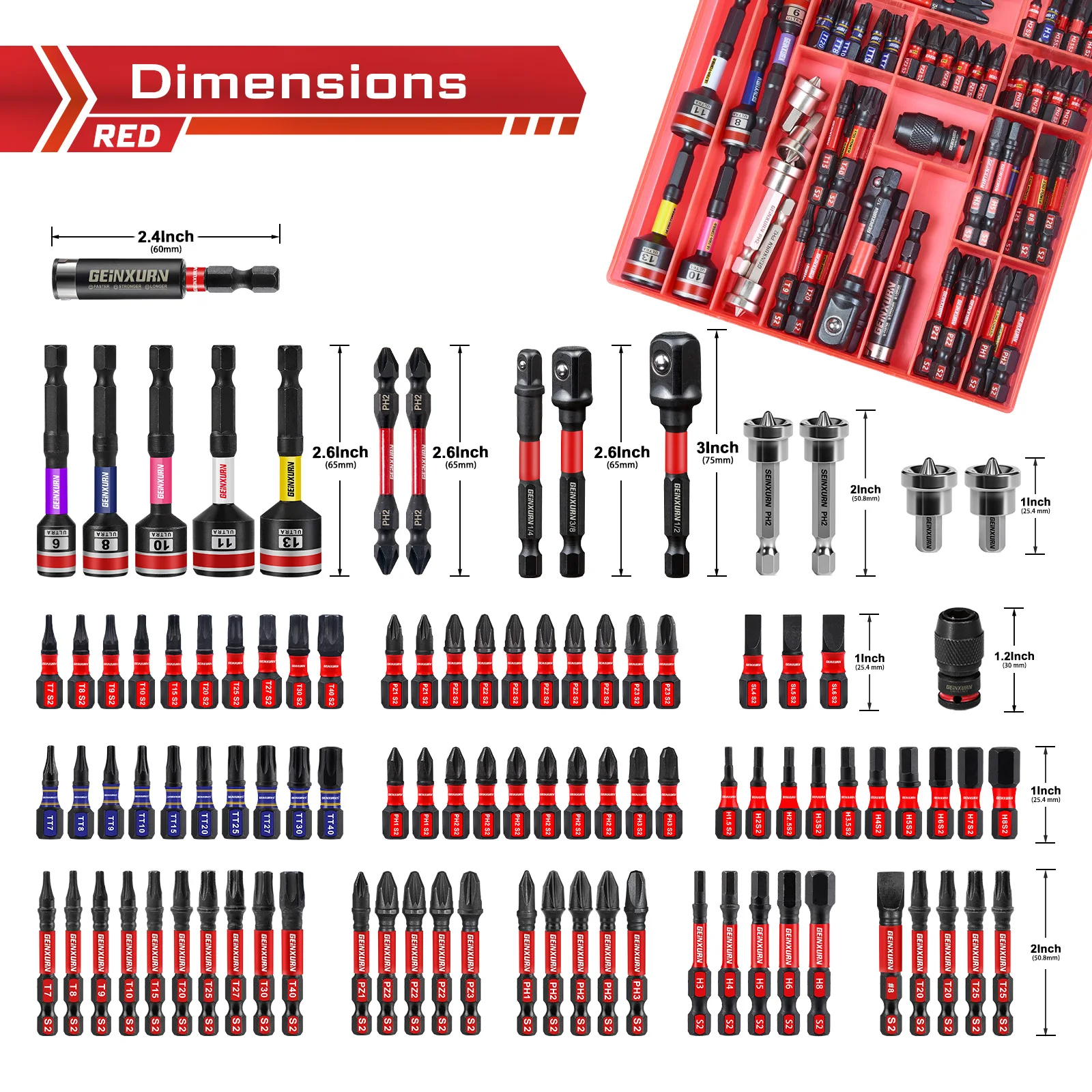 Geinxurn 99PCS  1”/2” Impact Screwdriver Bits Set, Magnetic  Driver Bits Tips ，Drywall Screw Setter with Storage Box Case
