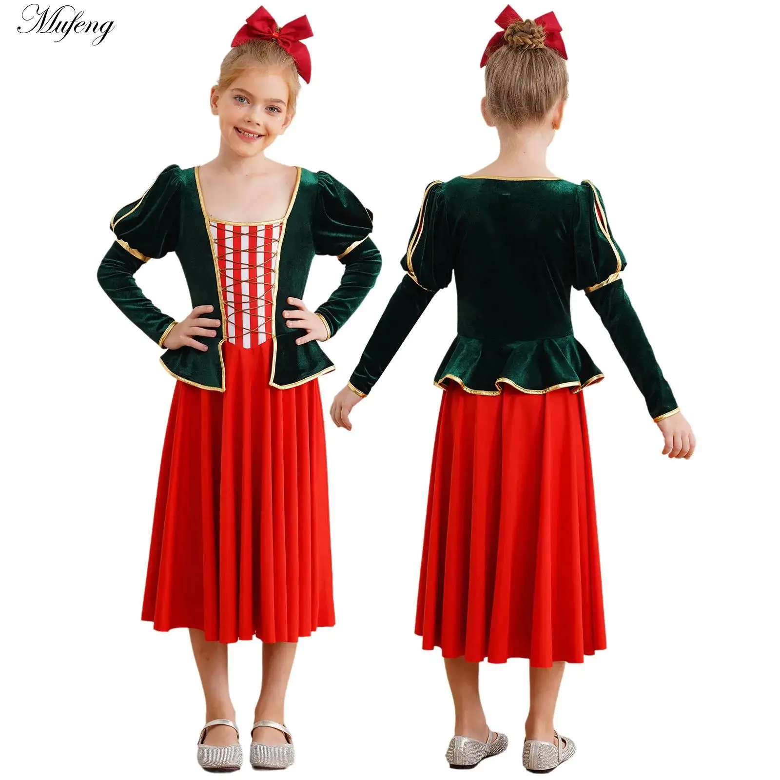 Dziewczęcy kostium bożonarodzeniowy Candy Cane Costume Jazz Dance Dress Princess Dress Stripes Print Velvet for Xmas Dance Party Performance Outfits