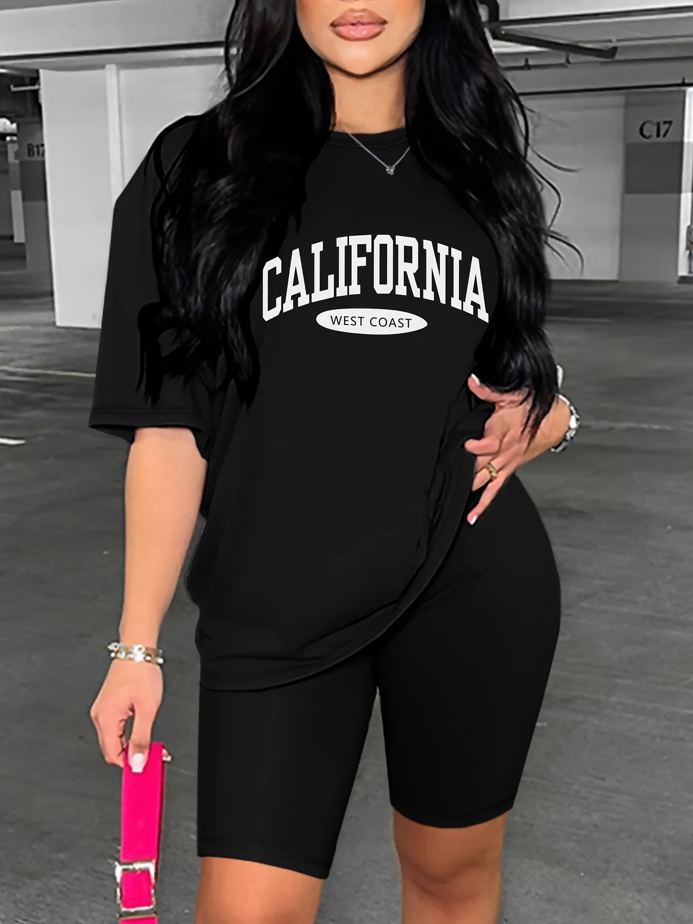 Women's summer casual loose fit large casual CALIFORNIA letter print round neck short sleeved T-shirt+shorts two-piece set