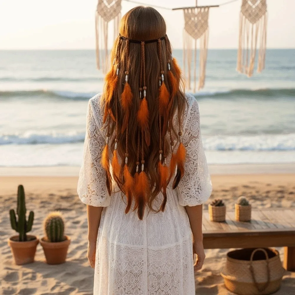 Synthetic Braided Cord Boho Feather Headpiece Adjustable Slide Bead Multi-strand Design Tribal Hair Extension